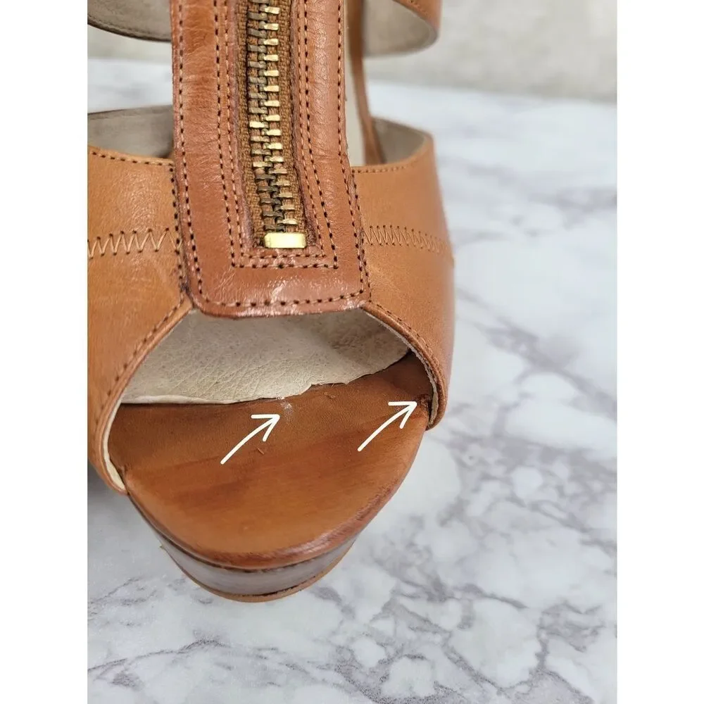 Michael Kors Berkley Tan Leather Platform Heels with Front Zip